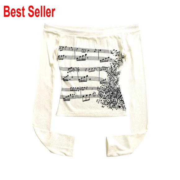 Tops - Y2K Graphic Tee Off Shoulder Long Sleeve Ribbed Knit T-Shirt Aesthetic Going